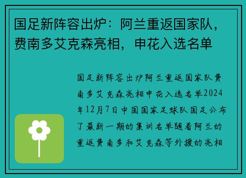 国足新阵容出炉：阿兰重返国家队，费南多艾克森亮相，申花入选名单