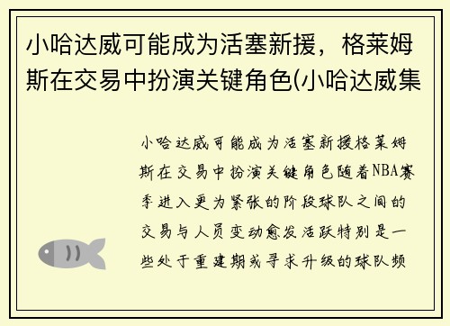 小哈达威可能成为活塞新援，格莱姆斯在交易中扮演关键角色(小哈达威集锦)