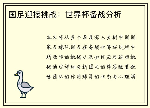 国足迎接挑战：世界杯备战分析