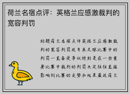 荷兰名宿点评:英格兰应感激裁判的宽容判罚