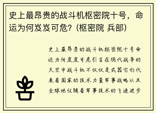史上最昂贵的战斗机枢密院十号，命运为何岌岌可危？(枢密院 兵部)